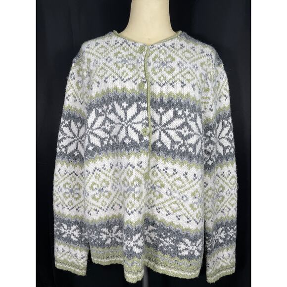 Vintage Croft & Barrow Fair Isle Patterned Cardigan Sweater, Green & Grey XL - Picture 2 of 6